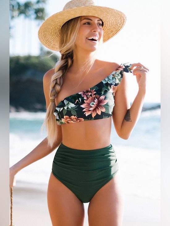Cupshe Other - Cupshe Floral One-Shoulder Ruffle Bikini Set - Olive Green & Black Floral Size L